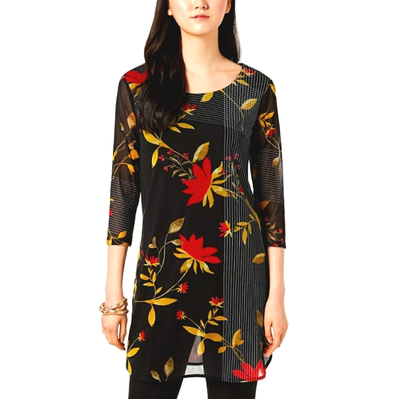 Alfani Tops - Alfani Black/Red Abstract Floral Print 3/4 Sleeved Tunic Top Size 3X EUC